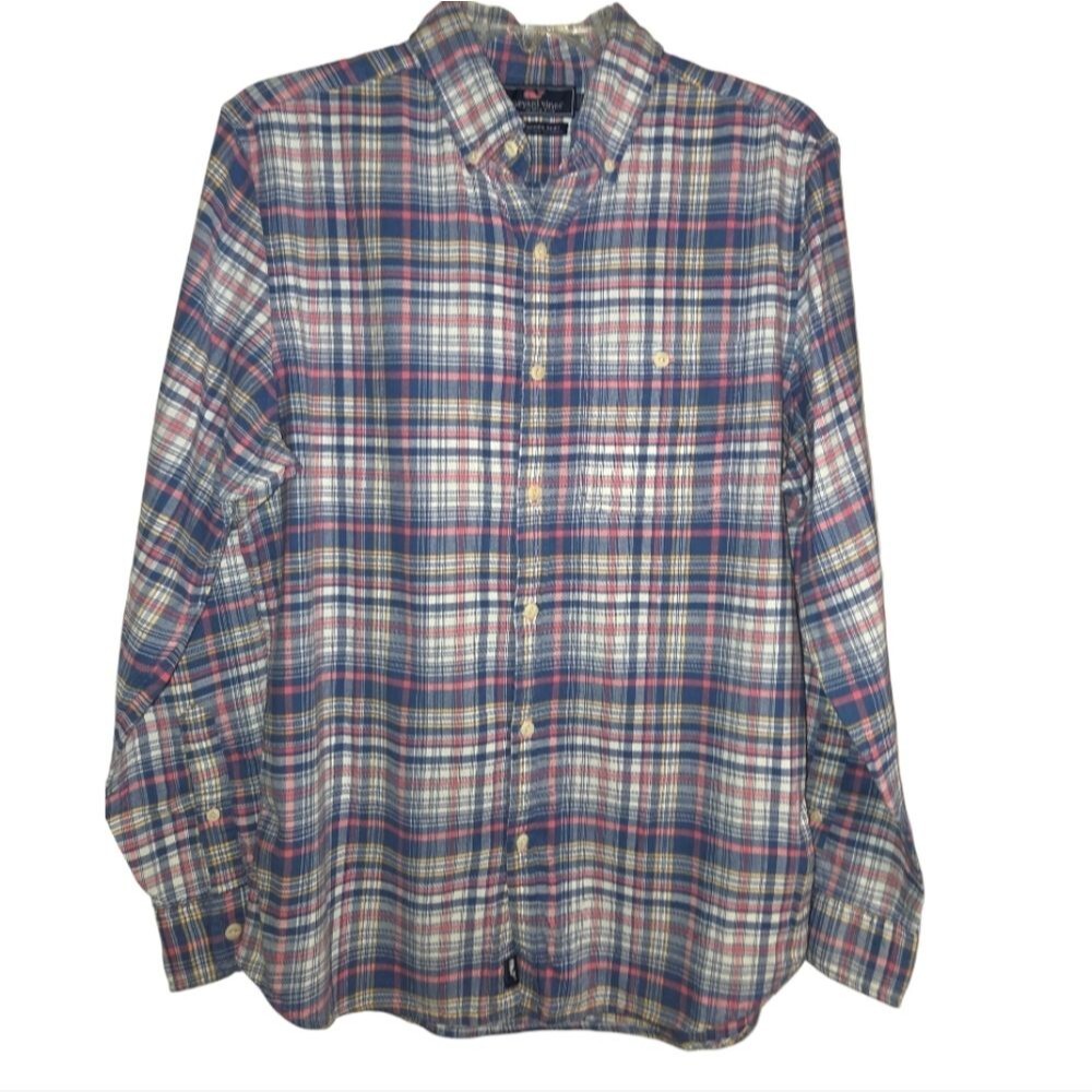 Vineyard Vines Plaid Men's Slim Longshore Cotton Linen Blend Button Down Shirt
